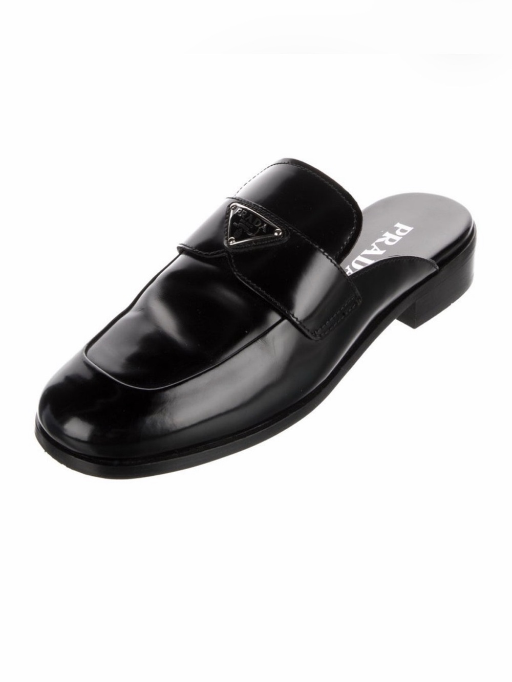 Prada Black Patent Leather Slip-On Mule with Logo Plaque
